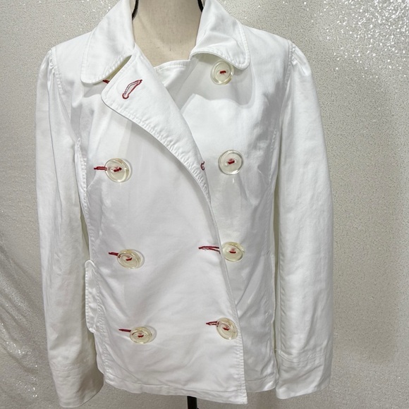 Old Navy White Double-Breasted Cotton Jacket with Red Stitching – Size Large - Picture 8 of 13